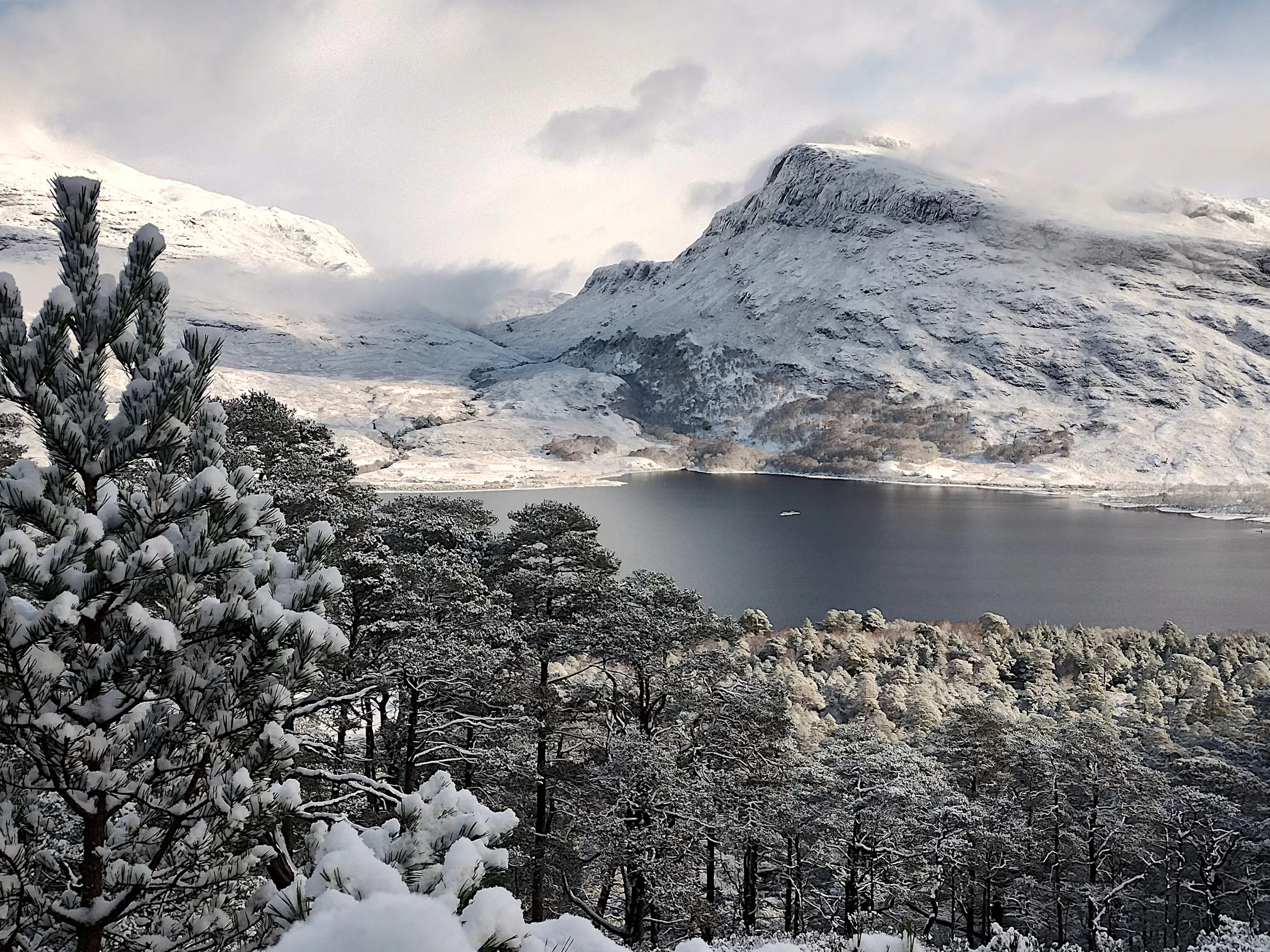 View of Forest, Loch and Mountains covered in snow during a winter skills course