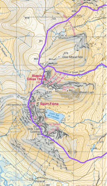 This shows the route map for a classic traverse of An Teallach.
